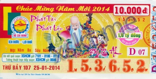 Mẫu vé sô xổ số Hồ Chí Minh ngày 25/1/2014