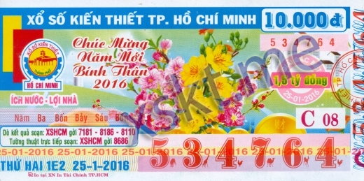 Mẫu vé sô xổ số Hồ Chí Minh ngày 25/1/2016
