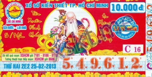 Mẫu vé sô xổ số Hồ Chí Minh ngày 25/2/2013