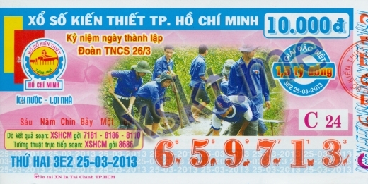 Mẫu vé sô xổ số Hồ Chí Minh ngày 25/3/2013