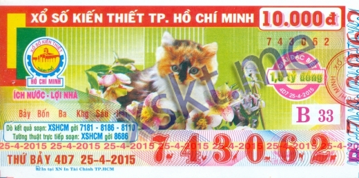 Mẫu vé sô xổ số Hồ Chí Minh ngày 25/4/2015