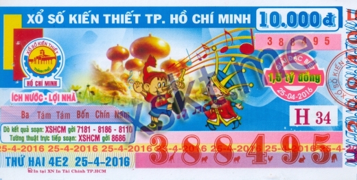 Mẫu vé sô xổ số Hồ Chí Minh ngày 25/4/2016