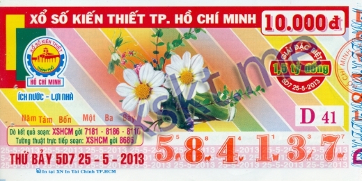 Mẫu vé sô xổ số Hồ Chí Minh ngày 25/5/2013