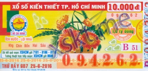 Mẫu vé sô xổ số Hồ Chí Minh ngày 25/6/2016