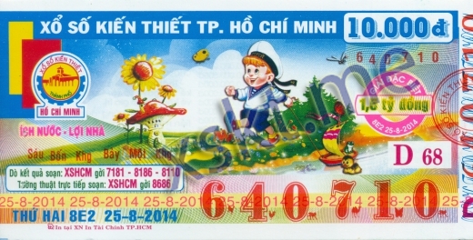 Mẫu vé sô xổ số Hồ Chí Minh ngày 25/8/2014