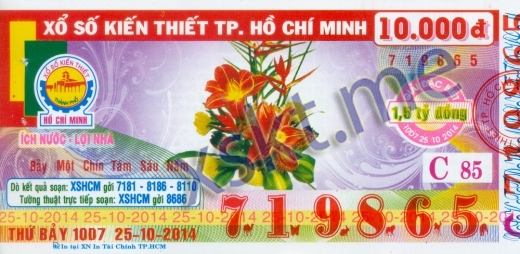 Mẫu vé sô xổ số Hồ Chí Minh ngày 25/10/2014