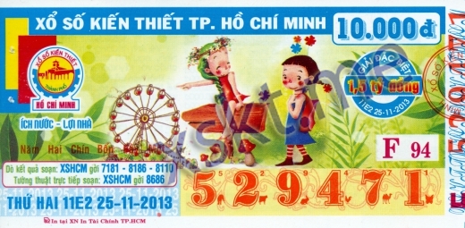 Mẫu vé sô xổ số Hồ Chí Minh ngày 25/11/2013