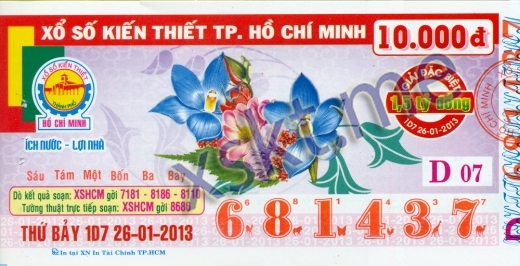 Mẫu vé sô xổ số Hồ Chí Minh ngày 26/1/2013