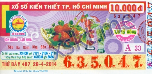 Mẫu vé sô xổ số Hồ Chí Minh ngày 26/4/2014