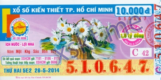 Mẫu vé sô xổ số Hồ Chí Minh ngày 26/5/2014