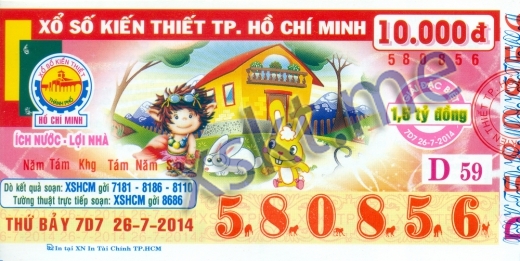 Mẫu vé sô xổ số Hồ Chí Minh ngày 26/7/2014