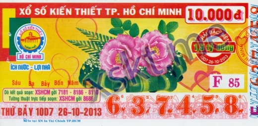 Mẫu vé sô xổ số Hồ Chí Minh ngày 26/10/2013