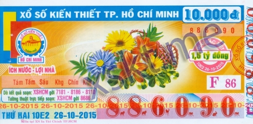 Mẫu vé sô xổ số Hồ Chí Minh ngày 26/10/2015