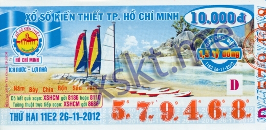 Mẫu vé sô xổ số Hồ Chí Minh ngày 26/11/2012