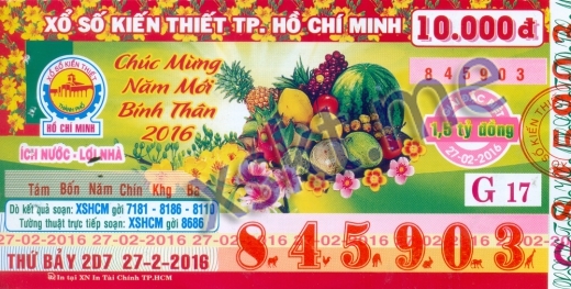 Mẫu vé sô xổ số Hồ Chí Minh ngày 27/2/2016