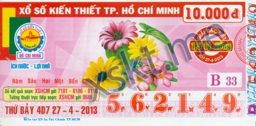 Mẫu vé sô xổ số Hồ Chí Minh ngày 27/4/2013