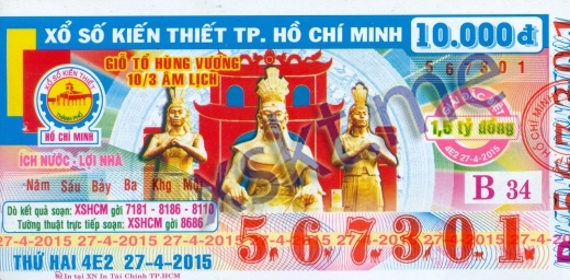 Mẫu vé sô xổ số Hồ Chí Minh ngày 27/4/2015