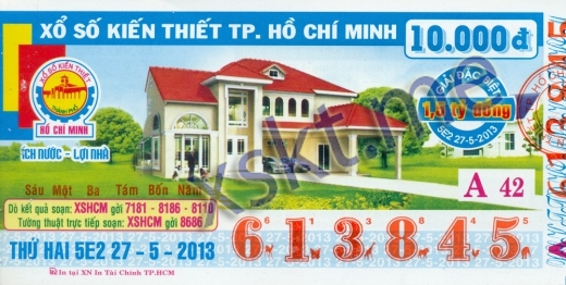 Mẫu vé sô xổ số Hồ Chí Minh ngày 27/5/2013