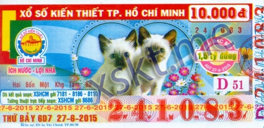 Mẫu vé sô xổ số Hồ Chí Minh ngày 27/6/2015