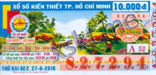 Mẫu vé sô xổ số Hồ Chí Minh ngày 27/6/2016