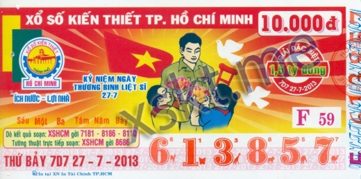 Mẫu vé sô xổ số Hồ Chí Minh ngày 27/7/2013