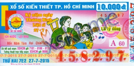 Mẫu vé sô xổ số Hồ Chí Minh ngày 27/7/2015