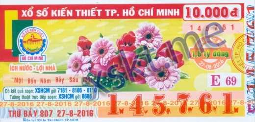 Mẫu vé sô xổ số Hồ Chí Minh ngày 27/8/2016