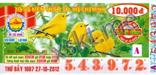 Mẫu vé sô xổ số Hồ Chí Minh ngày 27/10/2012