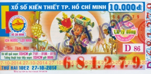 Mẫu vé sô xổ số Hồ Chí Minh ngày 27/10/2014