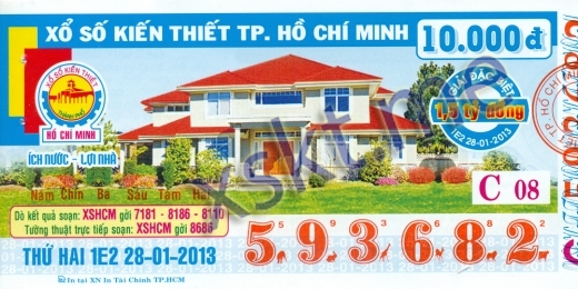 Mẫu vé sô xổ số Hồ Chí Minh ngày 28/1/2013