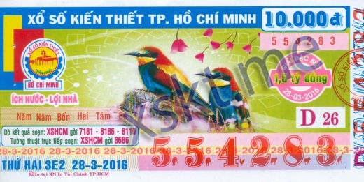 Mẫu vé sô xổ số Hồ Chí Minh ngày 28/3/2016