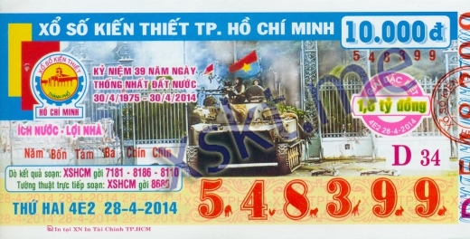 Mẫu vé sô xổ số Hồ Chí Minh ngày 28/4/2014