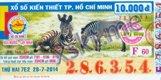Mẫu vé sô xổ số Hồ Chí Minh ngày 28/7/2014