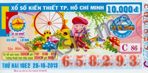Mẫu vé sô xổ số Hồ Chí Minh ngày 28/10/2013