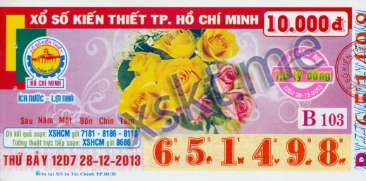 Mẫu vé sô xổ số Hồ Chí Minh ngày 28/12/2013