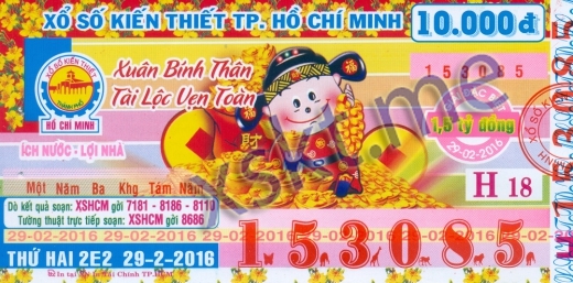 Mẫu vé sô xổ số Hồ Chí Minh ngày 29/2/2016