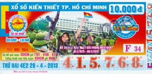 Mẫu vé sô xổ số Hồ Chí Minh ngày 29/4/2013