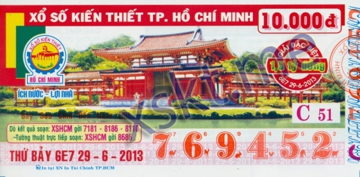 Mẫu vé sô xổ số Hồ Chí Minh ngày 29/6/2013