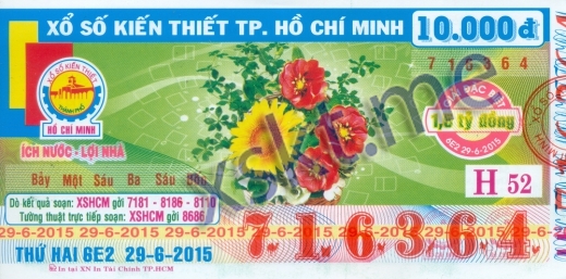 Mẫu vé sô xổ số Hồ Chí Minh ngày 29/6/2015