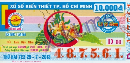 Mẫu vé sô xổ số Hồ Chí Minh ngày 29/7/2013
