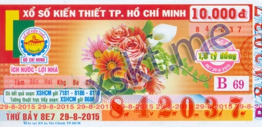 Mẫu vé sô xổ số Hồ Chí Minh ngày 29/8/2015