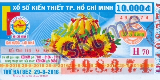 Mẫu vé sô xổ số Hồ Chí Minh ngày 29/8/2016