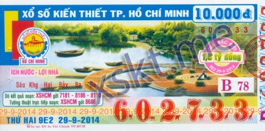 Mẫu vé sô xổ số Hồ Chí Minh ngày 29/9/2014