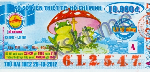 Mẫu vé sô xổ số Hồ Chí Minh ngày 29/10/2012
