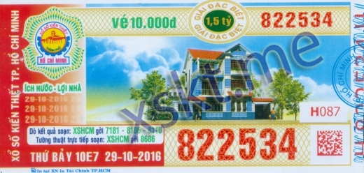 Mẫu vé sô xổ số Hồ Chí Minh ngày 29/10/2016