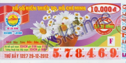 Mẫu vé sô xổ số Hồ Chí Minh ngày 29/12/2012
