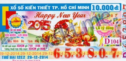 Mẫu vé sô xổ số Hồ Chí Minh ngày 29/12/2014