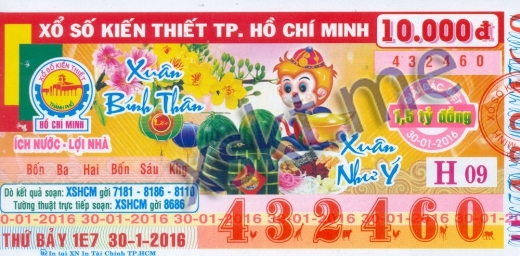 Mẫu vé sô xổ số Hồ Chí Minh ngày 30/1/2016