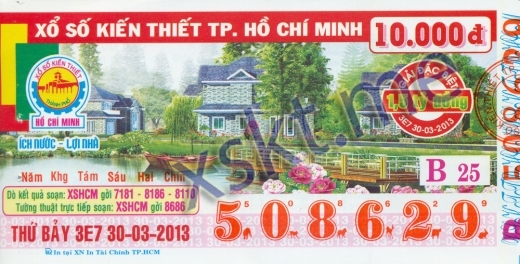 Mẫu vé sô xổ số Hồ Chí Minh ngày 30/3/2013