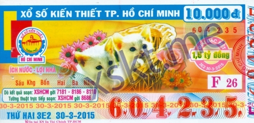 Mẫu vé sô xổ số Hồ Chí Minh ngày 30/3/2015